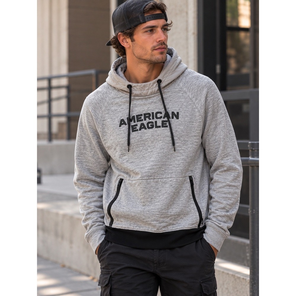 American Eagle Men's Size Large Long Sleeve Gray Sweatshirt Spell-out Hoodie